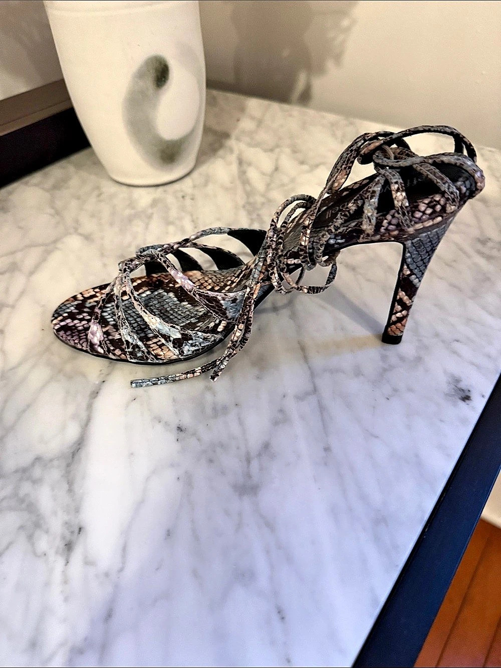 Jeffrey Campbell Blue Beige Snake Print Strappy Heels US 8.5 Like New